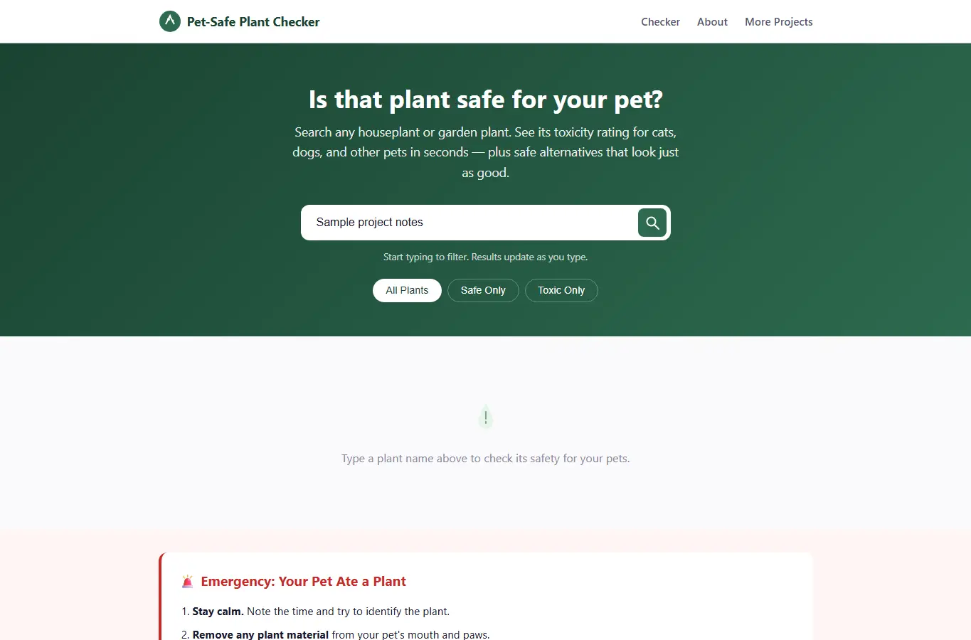 Screenshot of Pet-Safe Plant Checker interface showing the project page in use